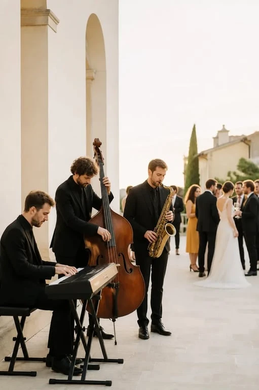 Groupe de musique Montpellier en trio jazz lors d’un cocktail de mariage élégant