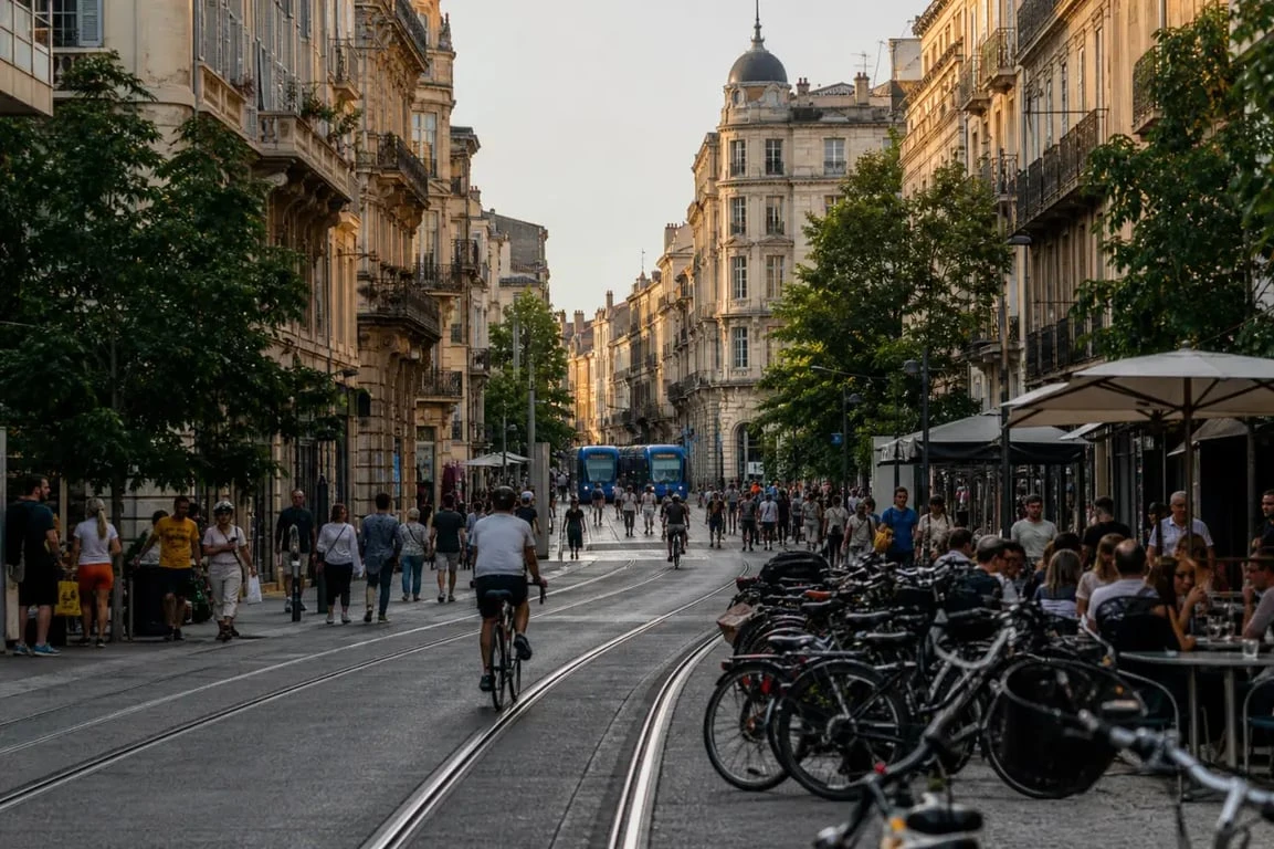 Quartier Gambetta Montpellier avec rue commerçante et tramway au loin