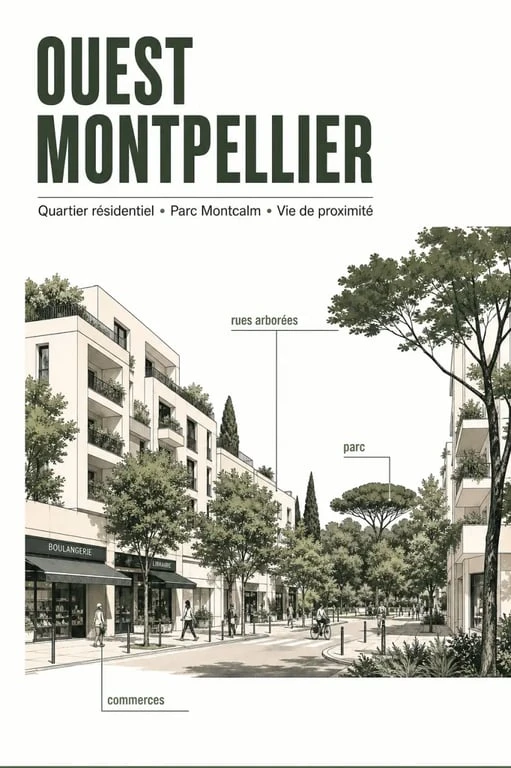 Quartier Estanove Montpellier illustré par une avenue résidentielle arborée et un cadre de vie urbain proche du parc Montcalm