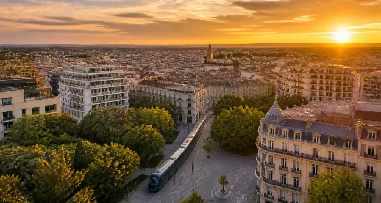 Vue aérienne de Montpellier au coucher du soleil