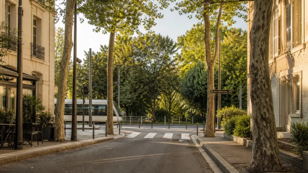 Quartier Estanove Montpellier : tram et verdure près du parc Montcalm