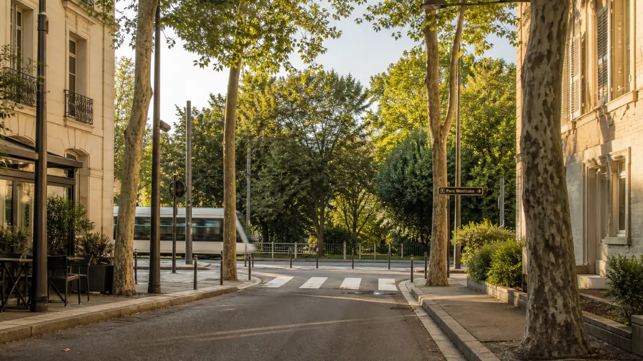 Quartier Estanove Montpellier : tram et verdure près du parc Montcalm