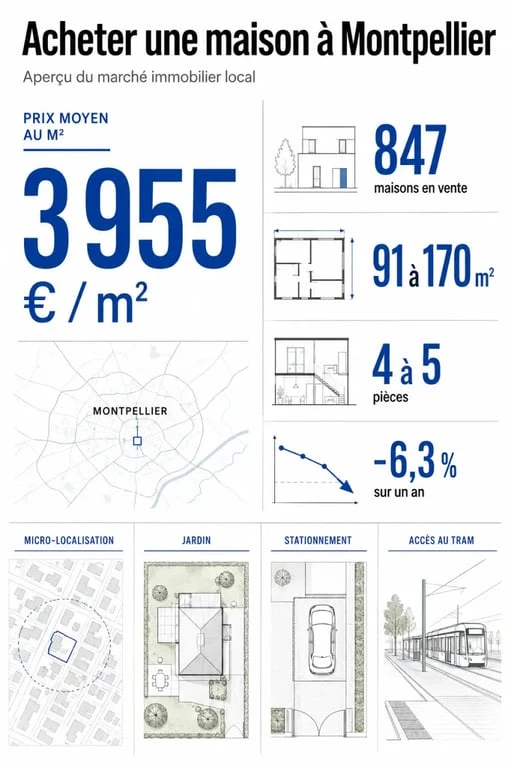 Achat maison Montpellier : aperçu éditorial du marché avec prix au m², surfaces et évolution des prix