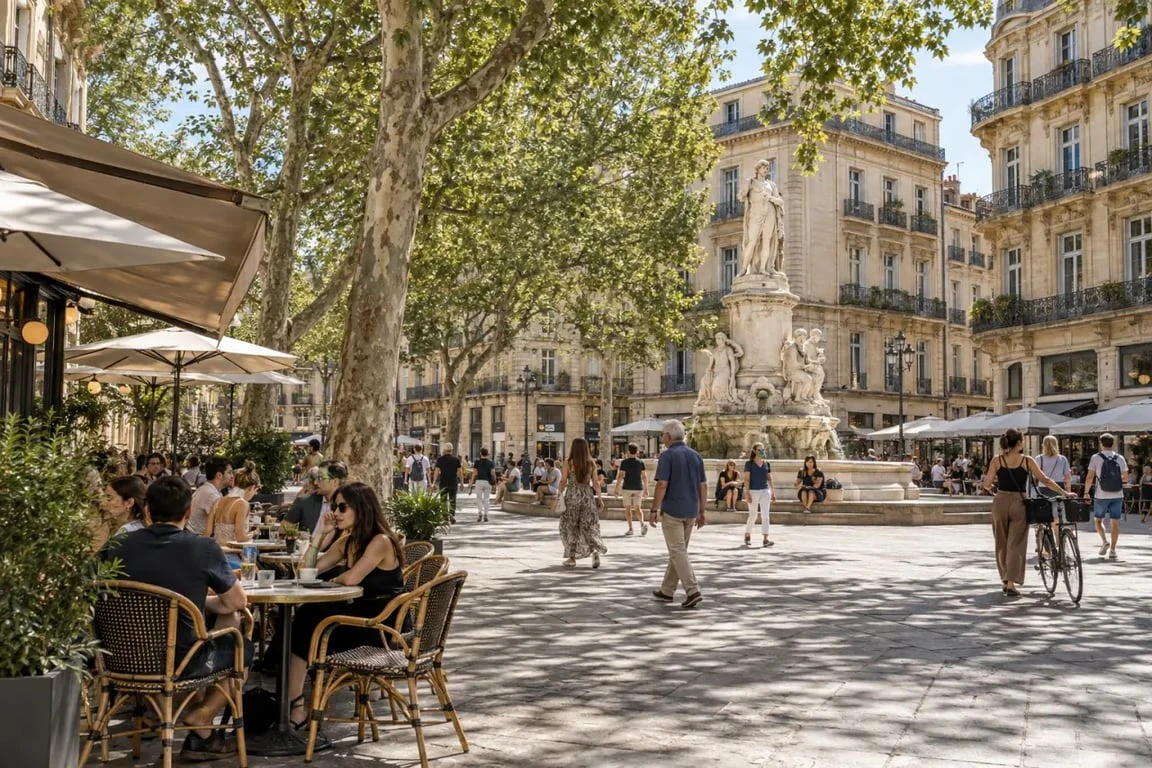 Place des Beaux-Arts à Montpellier avec terrasses et micocouliers