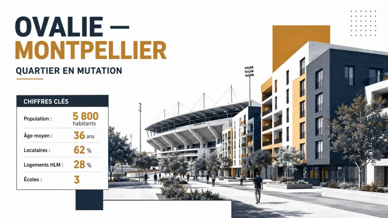 Quartier ovalie montpellier en vue éditoriale avec chiffres clés et repères urbains