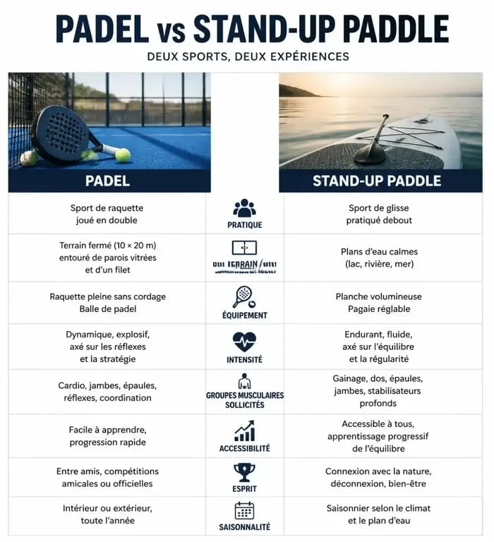 Infographie comparative entre le padel et le stand-up paddle à Montpellier