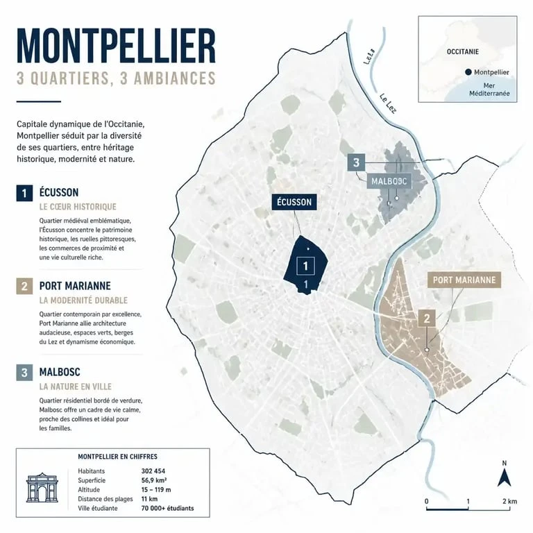 Carte des quartiers clés pour l'investissement locatif à Montpellier