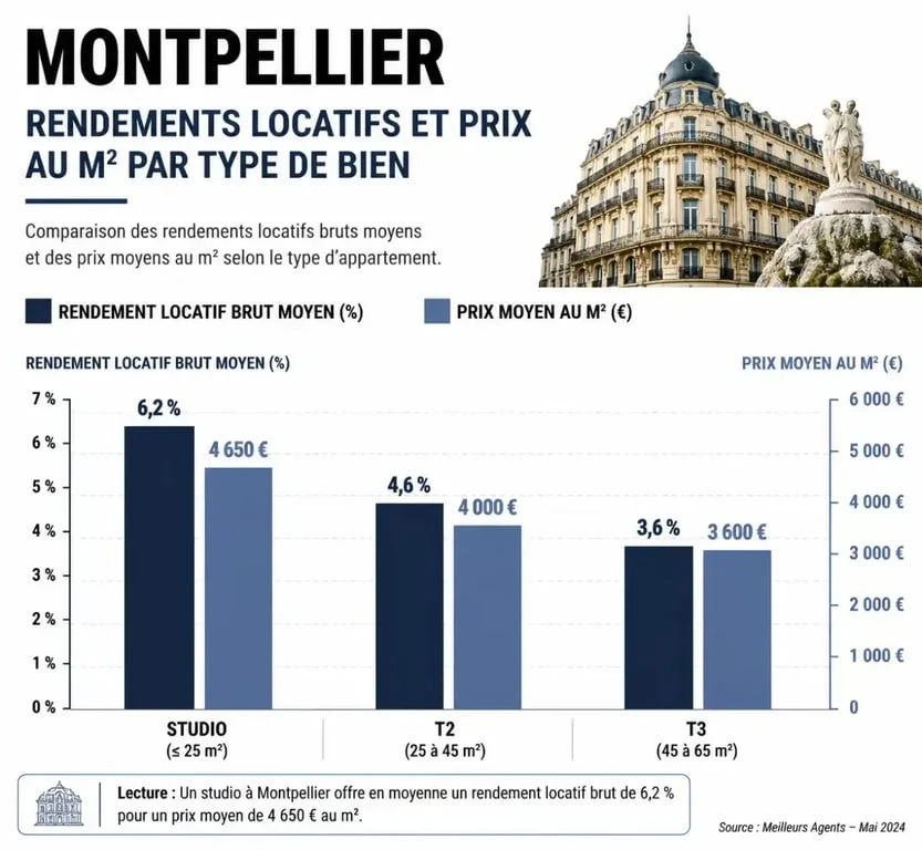 Infographie des rendements et prix de l'investissement locatif à Montpellier par typologie de bien
