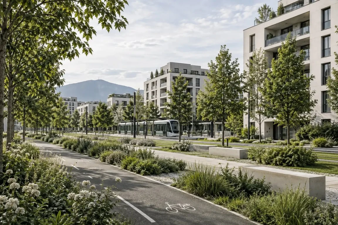 Quartier Alco à Montpellier, résidences entourées d'espaces verts et desserte en tramway