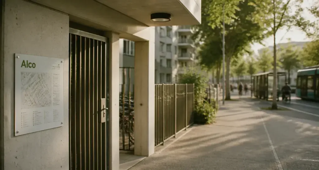 Montpellier Alco : hall d’immeuble et portail, trottoir