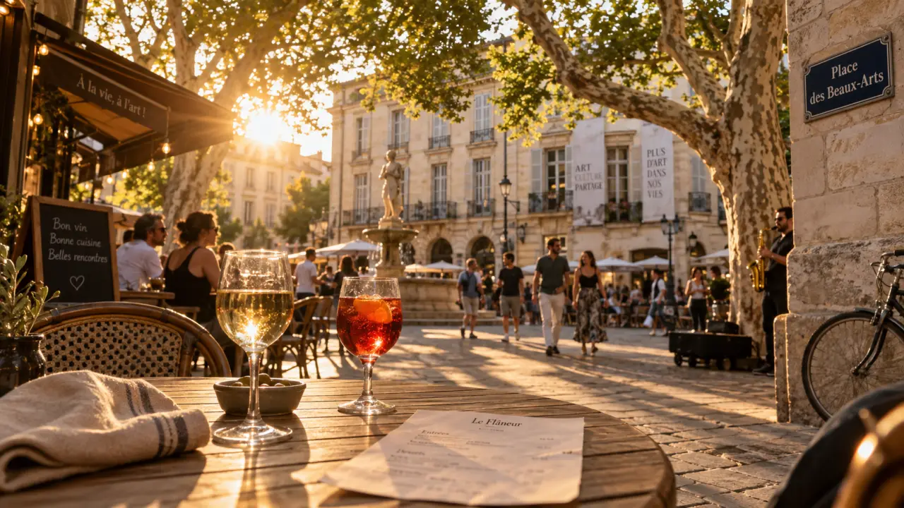 Place des beaux arts Montpellier à la golden hour, terrasse et façades