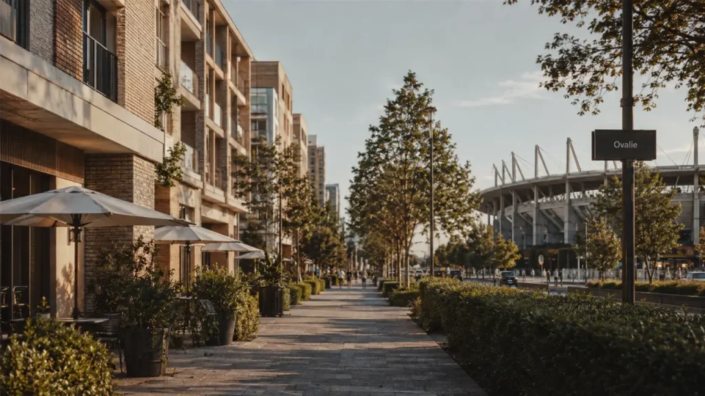 Quartier ovalie montpellier : allée piétonne et immeubles récents