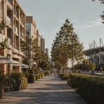 Quartier ovalie montpellier : allée piétonne et immeubles récents