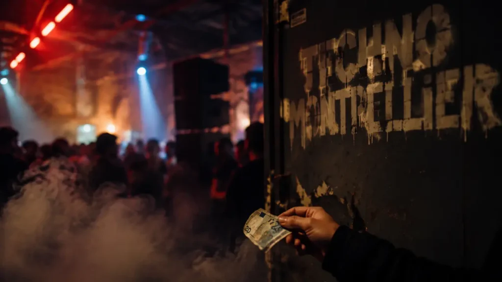 Soirée techno Montpellier en warehouse sombre, fumée et dancefloor