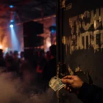 Soirée techno Montpellier en warehouse sombre, fumée et dancefloor