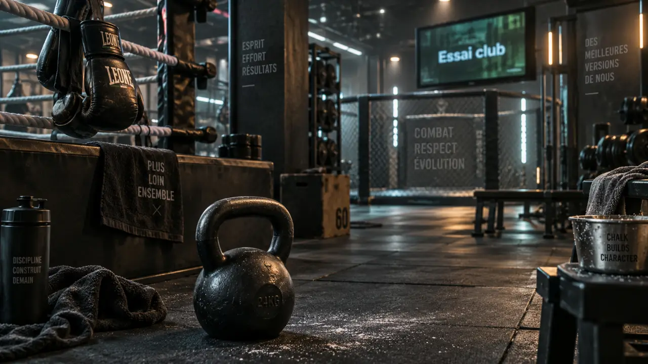 Fitness odysseum : salle moderne avec kettlebell et ring de boxe